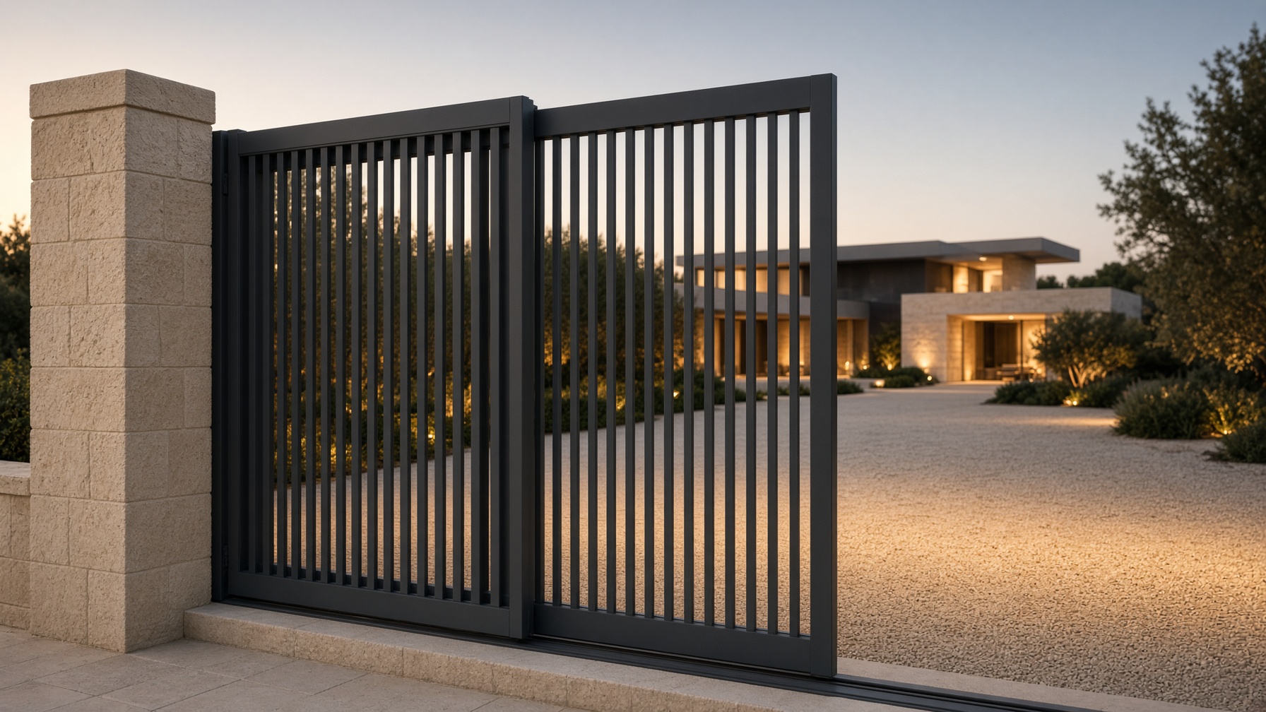 Three-leaf telescopic sliding gate at a limestone estate at dusk